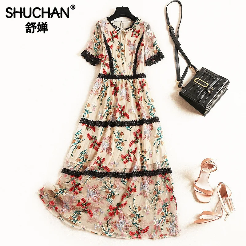 

Shuchan Embroidery Floral Mesh Dress Bohemian Long Maxi Dress for Women Vestido Noche Tallas Grandes Designer High Quality 11559