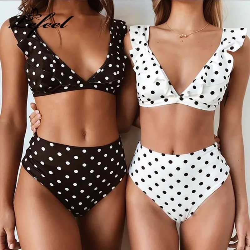 

Women Sexy Dot Print Bikinis Ruffle Swimsuit High Waist Bathing Suit Summer Solid Swimwear Brazilian Beachwear Female Biquini