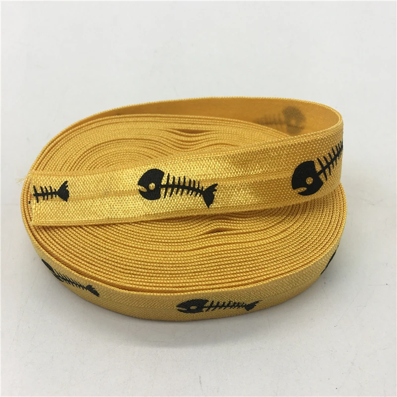 

5Yards/lot 5/8"(15mm) Gold Printing Fish Fold Over Elastics Spandex Satin Band DIY Lace Sewing Trim