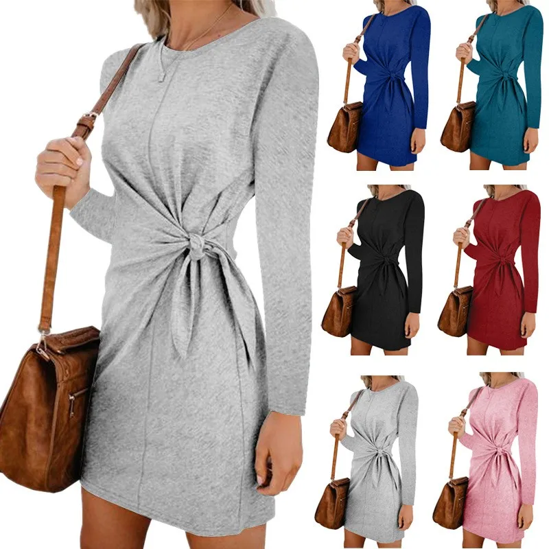 

Fashion Autumn Dress Women Beach Dress Slim Sexy O-Neck Solid Color Bow Print Long Sleeve Dresses Casual Vestidos Sundress Tops