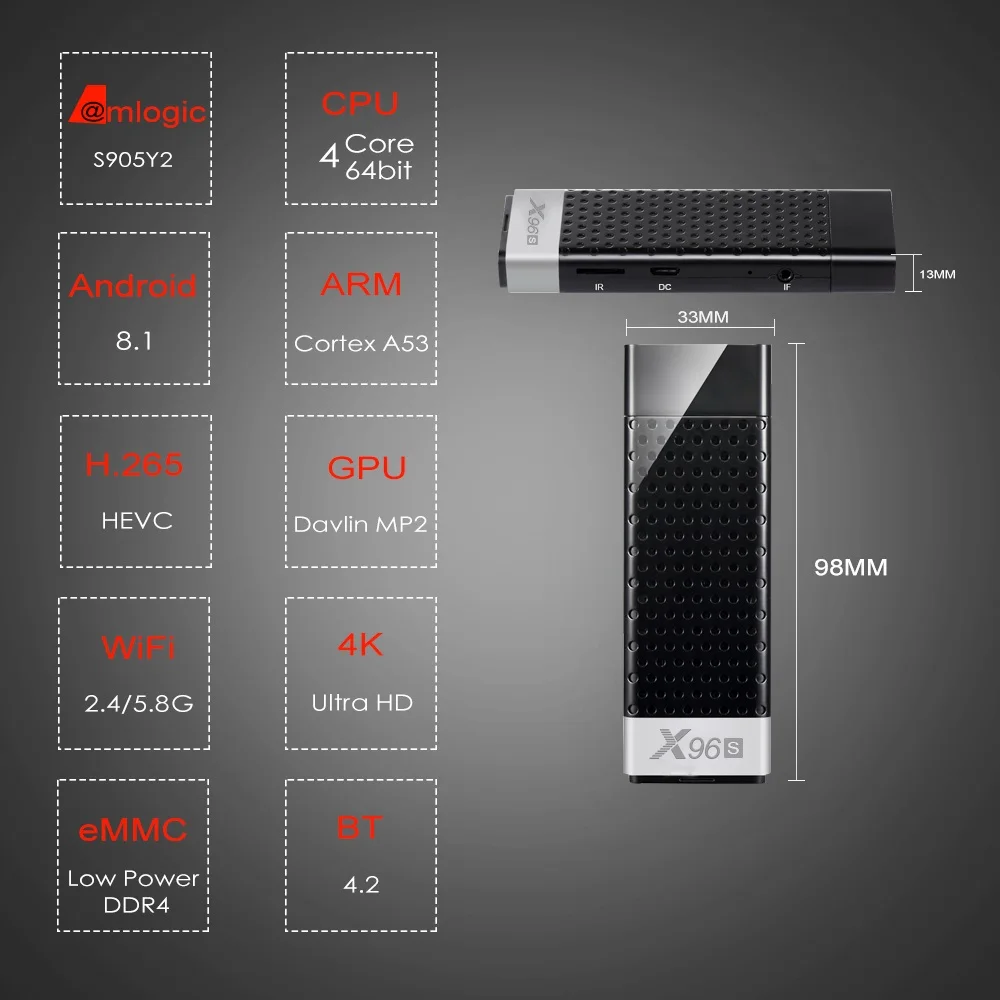 X96S ТВ-палка Android 8,1 смарт-фильмы четырехъядерный Amlogic S905Y2 Wifi 4 Гб ram 32 Гб rom Bluetooth 4,2 4K HD Smart PK T9