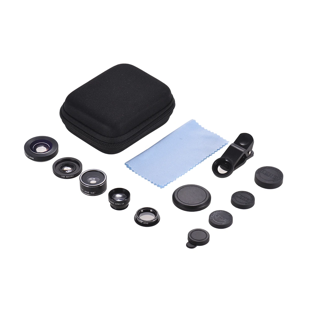 Lens Kit Phone Camera Lens 0.4-0.6x Super Wide + Angle 15x Macro + 198 Degree Fish Eye + 2x Telephoto + CPL Filter Lens