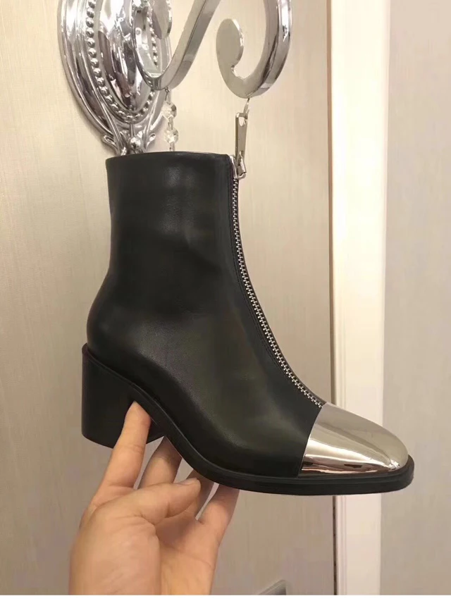 

2018Iron Square Toe Front Zip Botines Mujer New Brand Designer Women Shoes Chunky High Heels Ankle Boots For Women Real Leather
