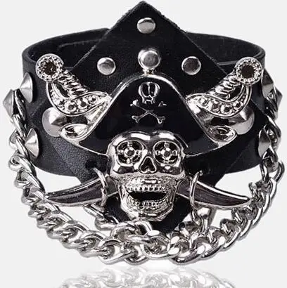 

Men women's black color genuine leather punk style hip-hop club party performance adjustsize skull bangles