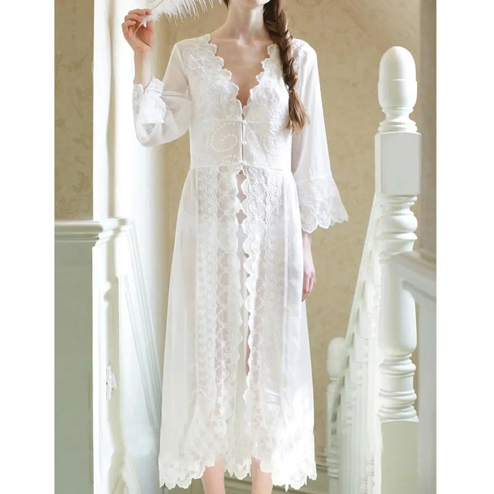 Lace Robe Sexy Sleepwear Long Bathrobe Pregnant Women Dressing Gown