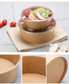 

Disposable green bagged vegetable and fruit kraft sala bowl 1300ML,300 pieces/carton