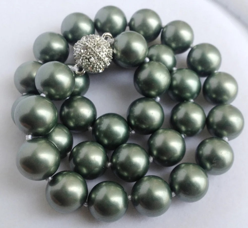 

FREE SHIPPING>>>@@ > New12mm Army Green South Shell Pearl Round Beads Necklace Magnet Clasp AAA style Fine Noble real Natural &