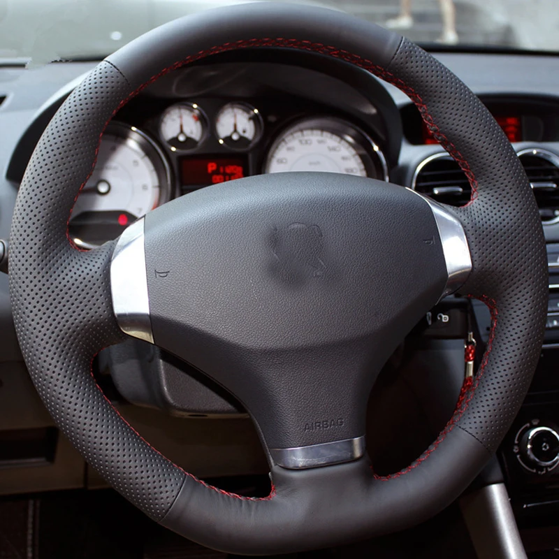 

Free Shipping High Quality cowhide Top Layer Leather handmade Sewing Steering wheel covers protect For Peugeot 408
