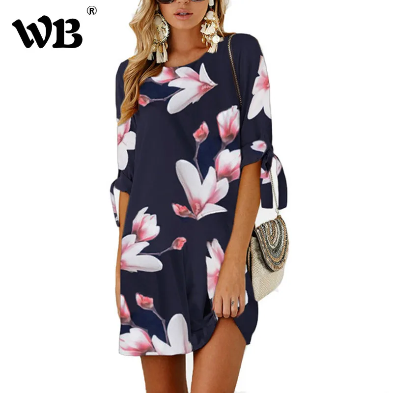 

9 Color Women Summer Dress Casual Floral Print O Neck 3/4 Sleeve Mini Tunic Bodycon Robe 2018 Sarafan Chiffon Beach Vestidos