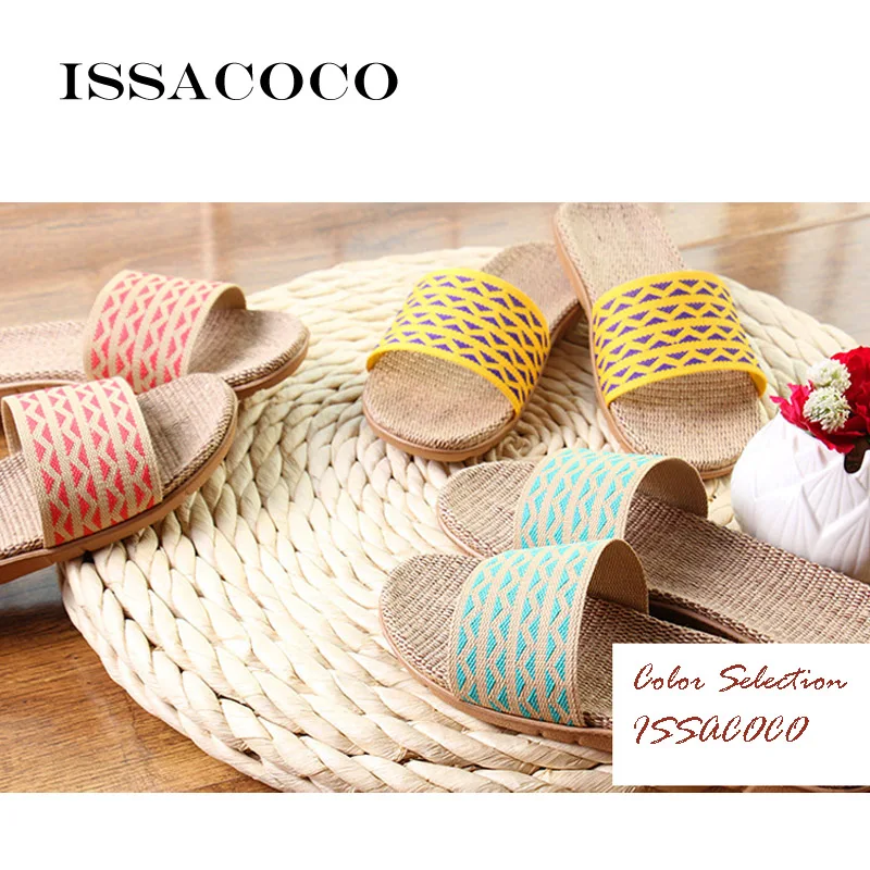 ISSACOCO/женские летние Нескользящие парусиновые льняные тапочки с волнистым узором дышащие домашние тапочки женские пляжные вьетнамки