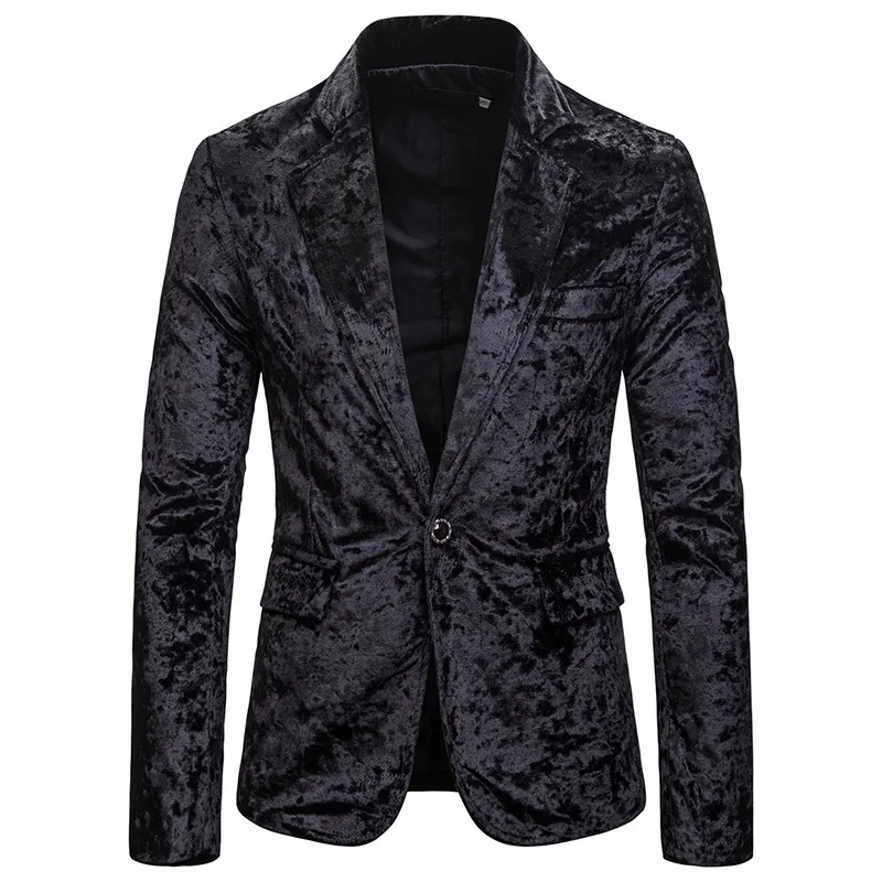 Блестящий Золотой бархатный пиджак для ночного клуба, мужской брендовый приталенный пиджак на одной пуговице, мужские вечерние куртки, костюм для сцены, банкета, выпускного, Homme - Цвет: black
