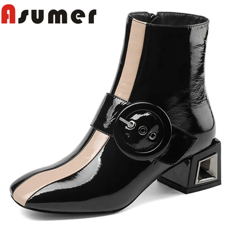 

ASUMER 2020 NEW ARRIVE square toe genuine leather boots thick heels adult winter boots zip buckle fashion ankle boots for women