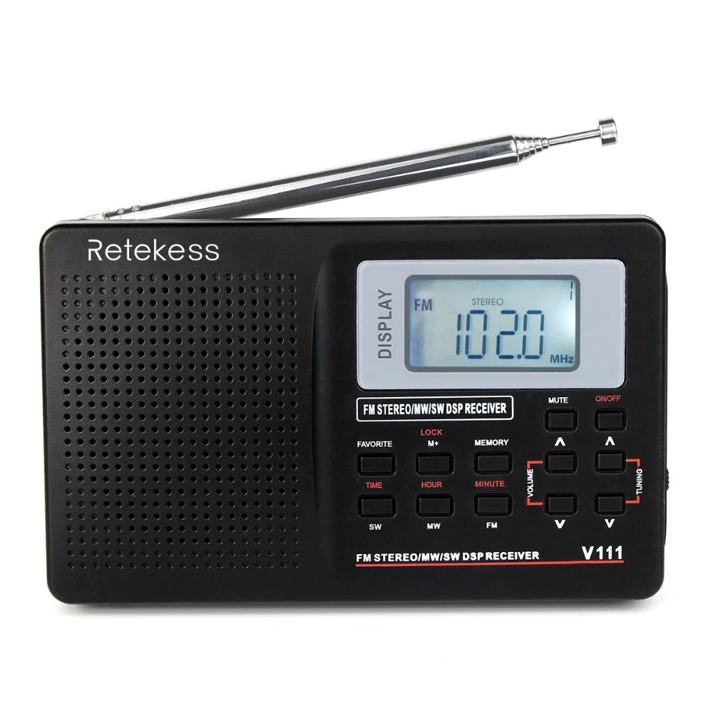 baratas RETEKESS Portátil FM DSP Rádio Estéreo FM MW SW LW Rádio Portátil Banda Completa Receptor Mundo Relógio alarme 9 khz 10 khz Rádio FM