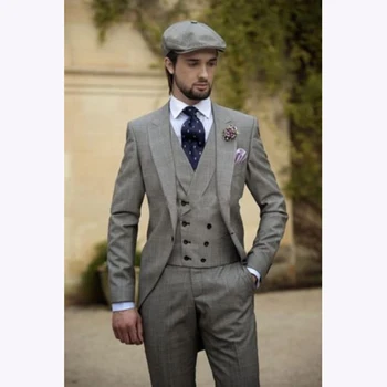 

2017 (Jacket+Pant+Vest) grey Peaked Lapel Tailcoat Custume Homme mens Suits tuxedo Latest Design Terno Slim Fit gray Men suit