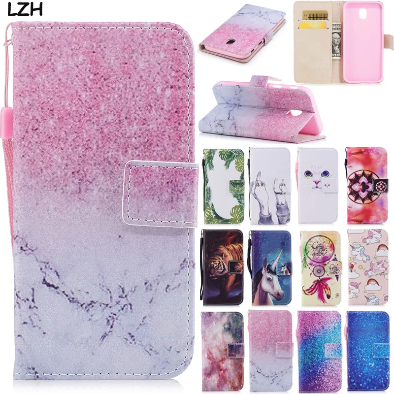 

Painted Flip Wallet PU Leather Case for Samsung Galaxy J3 J5 J7 2017 EU Version J330 J530 J730 Marble Cat Card Slot Stand Coque