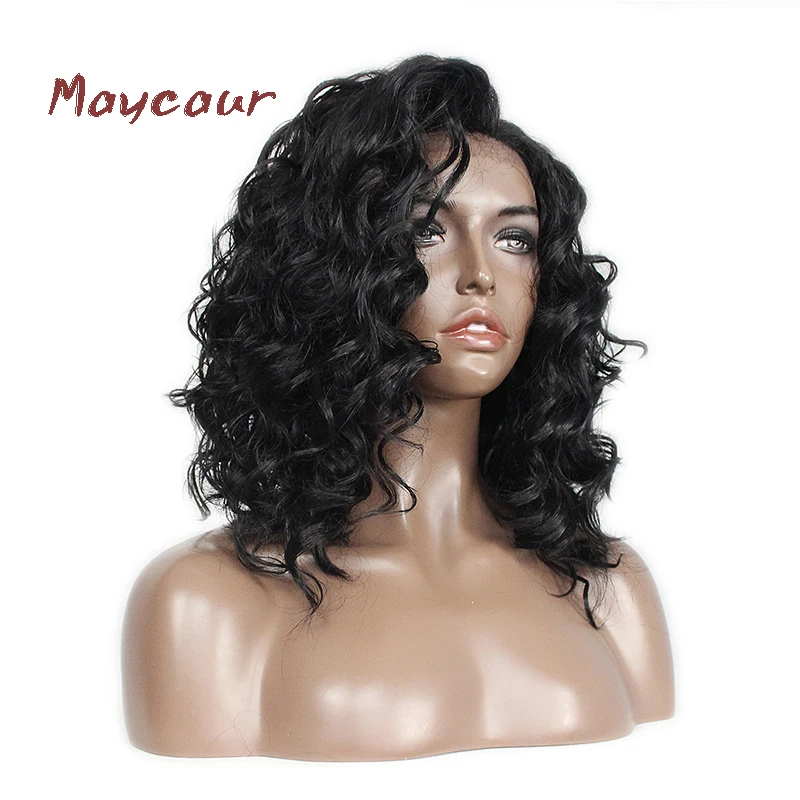 Maycaur волосы короткие вьющиеся парики 180% Плотность черные волосы парики для женщин Glueless термостойкие синтетические кружева передние парики