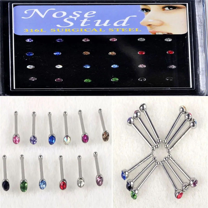

24pcs Mix Styles Rhinestone Studs Nose Piercing Thin Long Plug Tunnels Puncture Body Jewelry Accessories