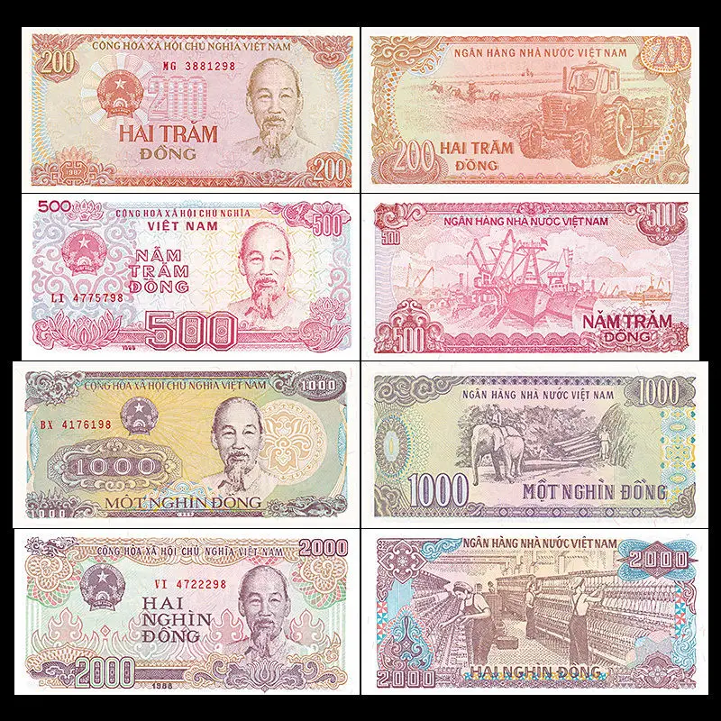 Вьетнамский вьетнамский набор банкнот 4 шт. 200 + 500 1000 2000 Донг UNC коллекция подарок