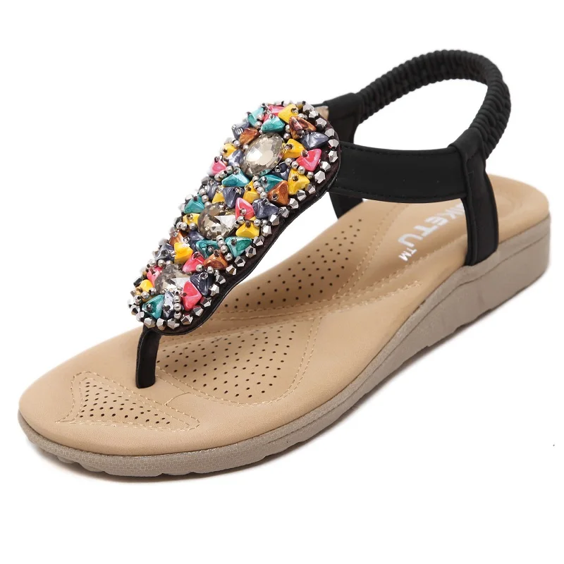 

2019new women Bohemia Flat sandals shoes woman Crystal flip flop String Bead Decoration Soft Flats beach sandals casual shoes