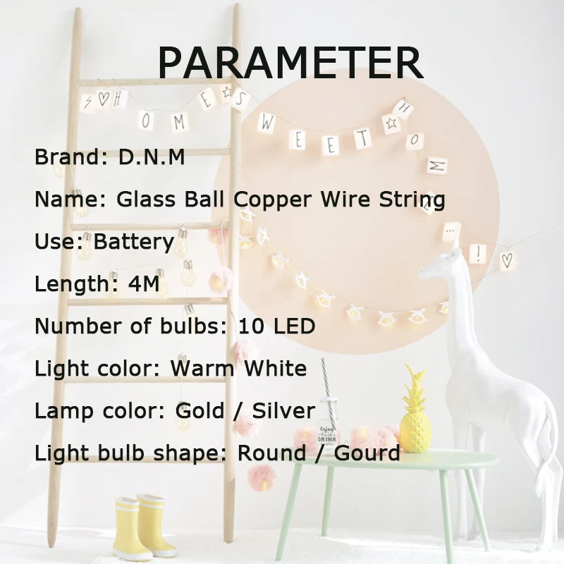 4 м/10 светодиодный Сказочный светильник с медной проволокой, стеклянный светодиодный светильник, праздничный светильник для украшения, вечерние, рождественские, на батарейках, гирлянда, светильник