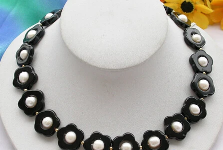 

Jew2787 17" 20mm black agate carve flower white pearl necklace