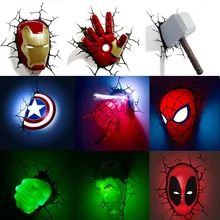 Série vingadores 3d marvel led lâmpada de parede sala estar criativo noite luz ironman hulk martelo capitão americano como presente do menino