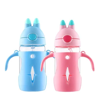 

300ML Kids Children Learn Drinking Cups Straw Feeding Glass Bottle Cup with Handle Double-insulated Water Juice Drink Bottle