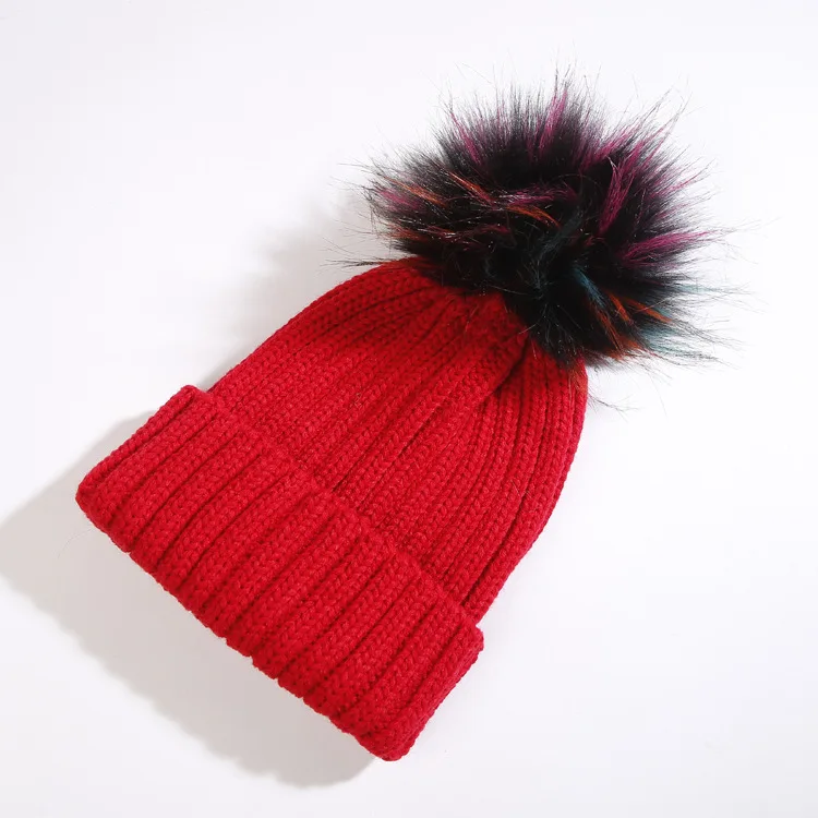 Дамская осенне-зимняя шапка из искусственного меха с помпоном, женская теплая шерстяная вязаная шапочка для девочки, мальчика, шапки с помпонами для женщин и детей