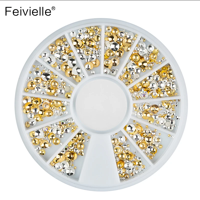 Feivielle 1Box Mix Gold Silver Rhinestones Flat Bottom Metal Studs Laser Rivet Beads Decor Manicure Nail Art Decoration in Wheel | Красота и