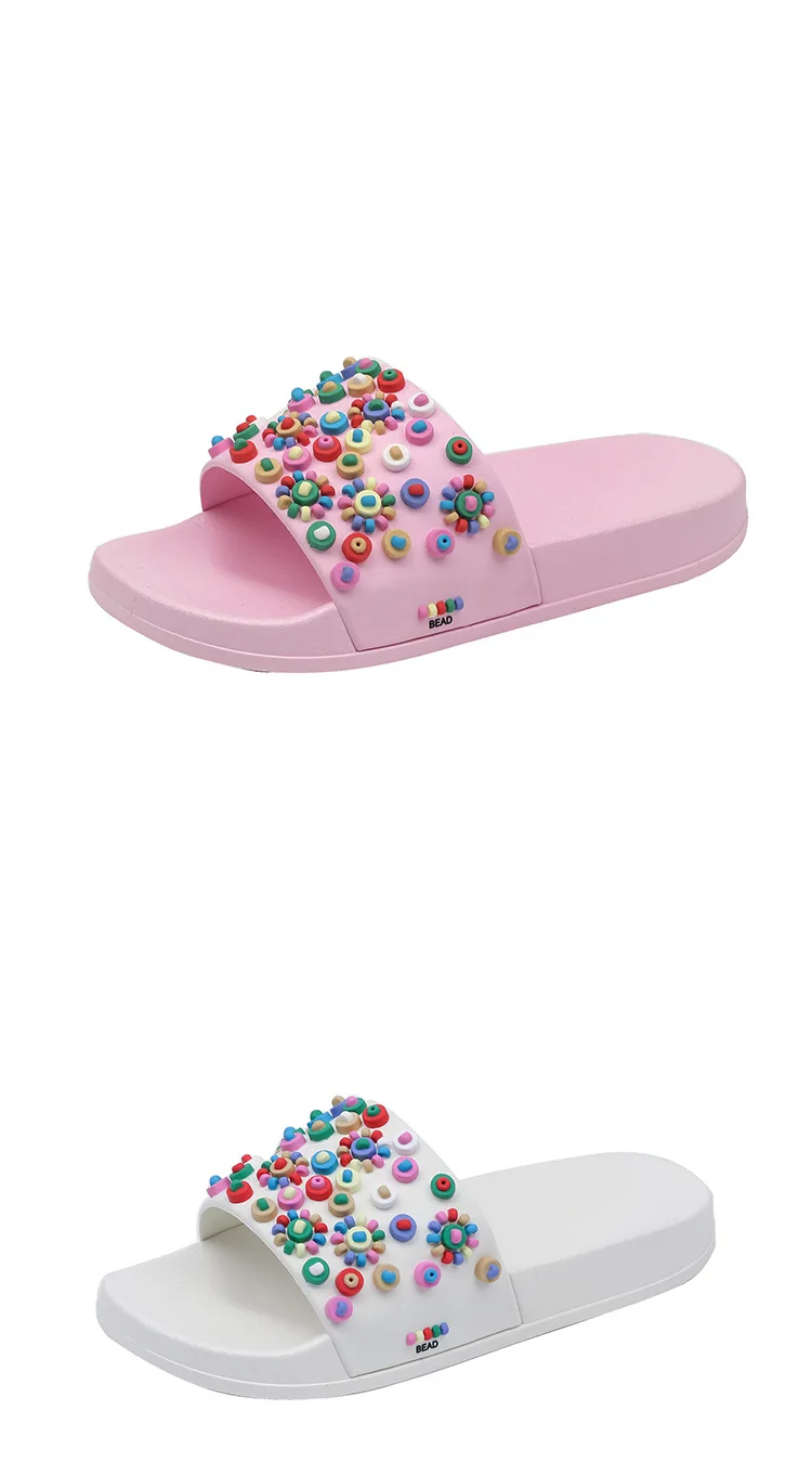 Летние новые женские конфеты обувь Модные Цветные жемчужные шлепанцы милые домашние тапочки повседневные пляжные тапочки женская обувь на плоской подошве