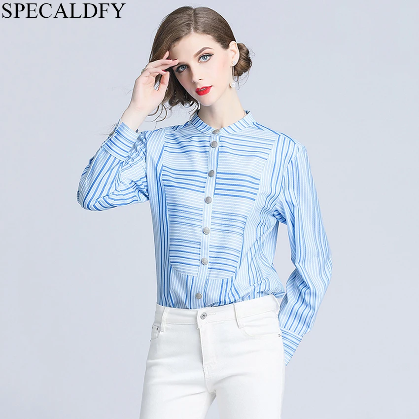 

Autumn Long Sleeve Shirt Women Stand Neck Elegant Striped Shirts Ladies Designer Runway Tops 2018 Women High Quantity Blusa
