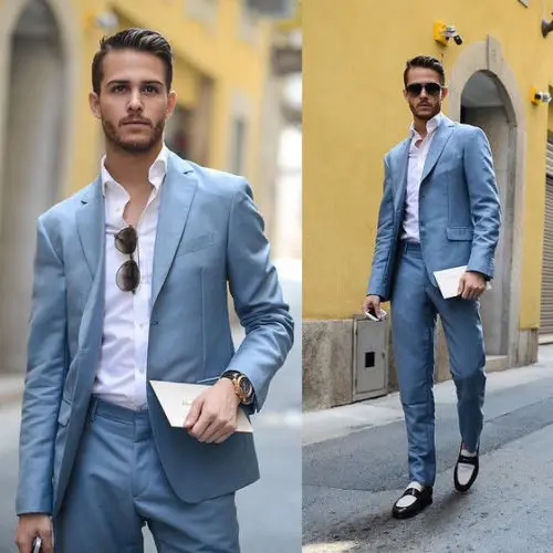 

Light Bule Notch Laple Jacket Men Suit 2 Pieces (Jacket+Pants)Fashion Custome Made Tuxedos Terno Slim Fit Brand Clothing Suits