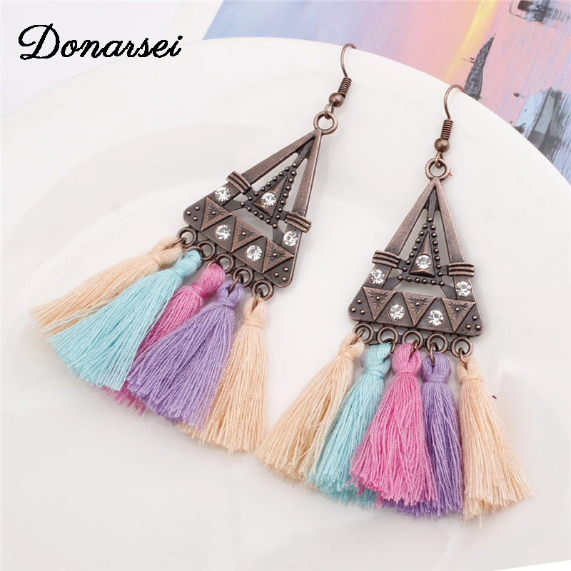 

Donarsei 12 Colors Vintage Triangle Tassel Earrings For Women Handmade Hanging Rhinestone Fringe Drop Dangle Earrings Gift