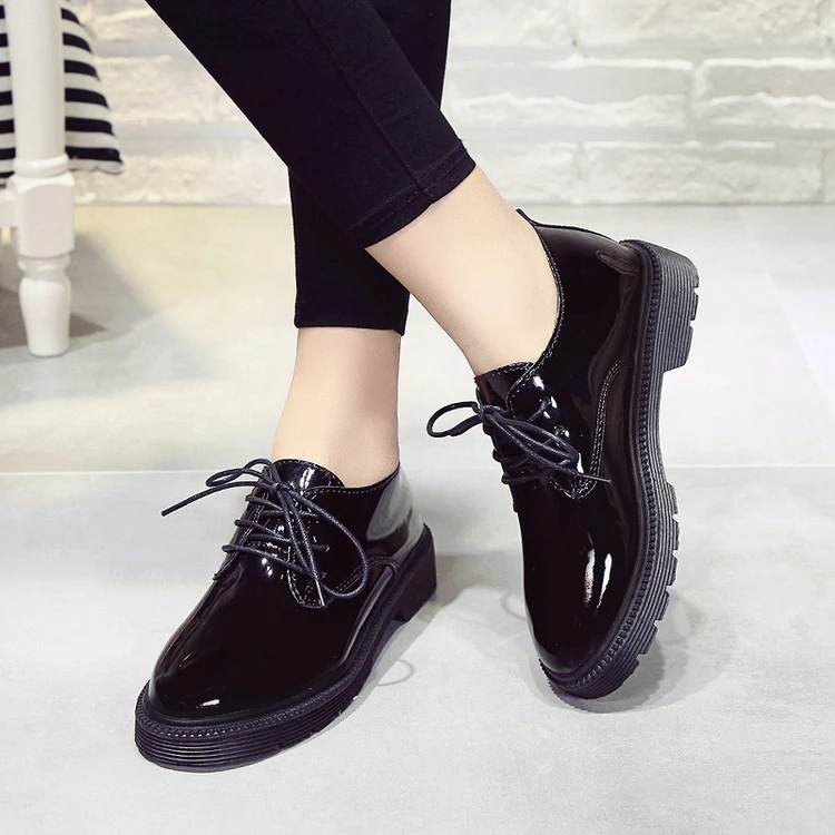 Zapatos de plataforma planos Oxford para mujer, mocasines de charol sin cordones, en Punta, color negro, 2019|Zapatos planos de mujer| -