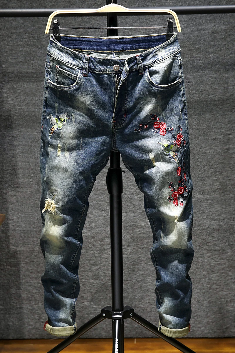Хорошее качество, мужские джинсы с вышивкой, мужские хлопковые узкие брюки, узкие джинсы, модные ковбойские джинсовые брюки с дырками, D Jenas