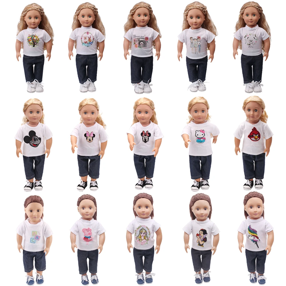 

Doll clothes 15 PCS white cartoon printed T-shirts + black pant fit 18 inch Girl dolls and 43 cm baby doll c159