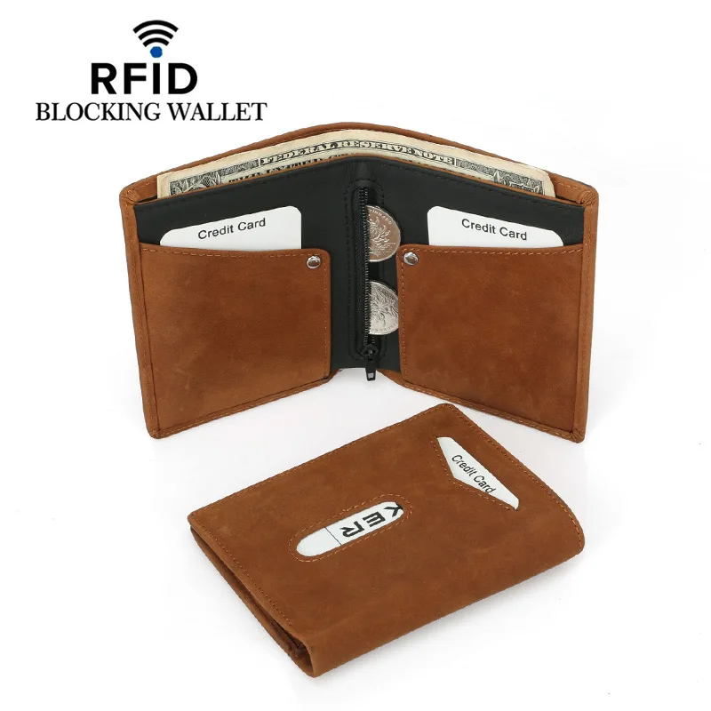 Короткий кошелек Crazy Horse для мужчин RFID первый слой натуральная кожа мужской