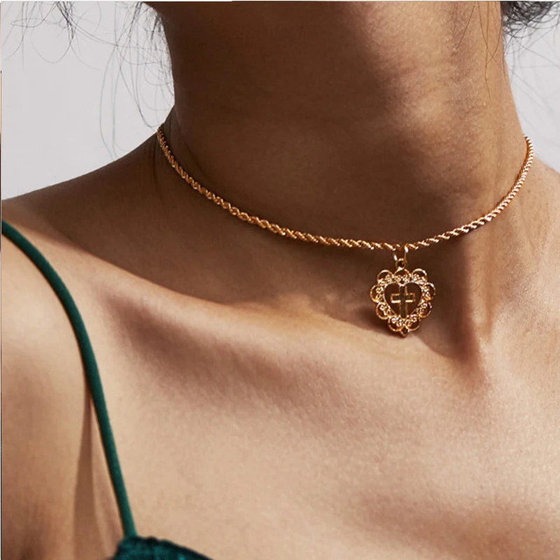 

BK Fashion Hollow with Love Cross Necklace for Women Vinage Gold Crystal Sweater Chain Necklace Jewelry Graduation Gift