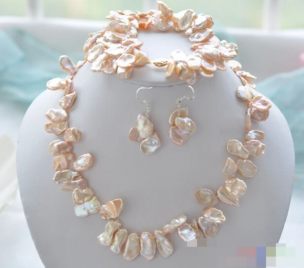 

free shipping 12632 PINK lamina KESHI REBORN PEARL NECKLACE BRACELET EARRING SET (A0423) -Bride jewelry free shipping