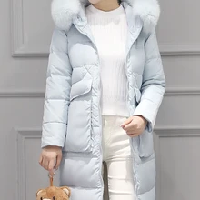 Женский роскошный большой меховой воротник, утолщенный средней длины, выше колена, тонкий пуховик, светильник, синий, черный, розовый, большой размер xl