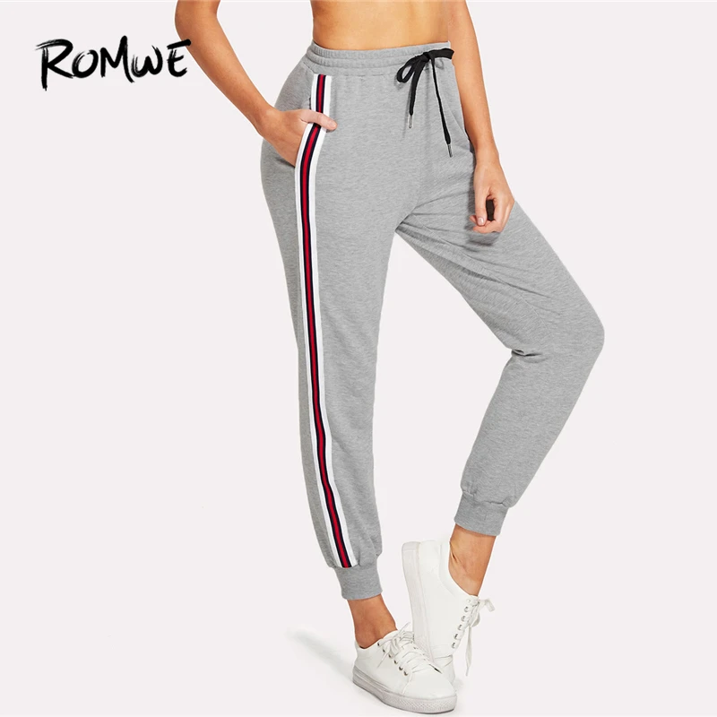 

Romwe Sport Grey Striped Tape Side Drawstring Sweatpants Fitness Running Pants Women Workout Sweatpants Outdoor Exercise Trouser