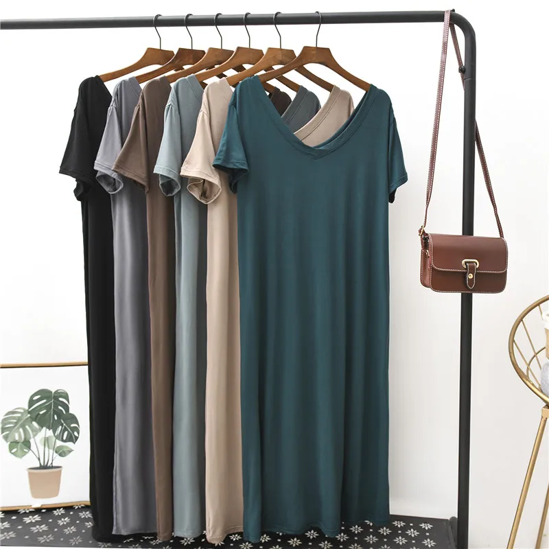 

2018 Summer Long Dress Women Beach Mid-Calf Vestidos V-neck Short Sleeve Modal Casual Home Gown