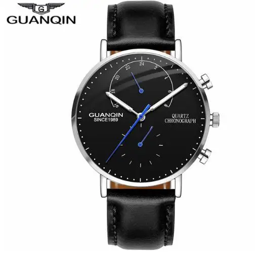 GUANQIN Дизайнерские мужские часы из натуральной кожи, Топ бренд, новые мужские спортивные часы, сапфировые аналоговые водонепроницаемые мужские кварцевые наручные часы - Цвет: black sliver black