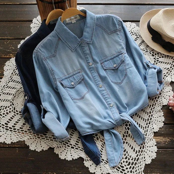 

2125 big size summer women Japan Style Seven-quarter sleeve knot cotton Denim blouse turndown collar pocket Casual female shirt