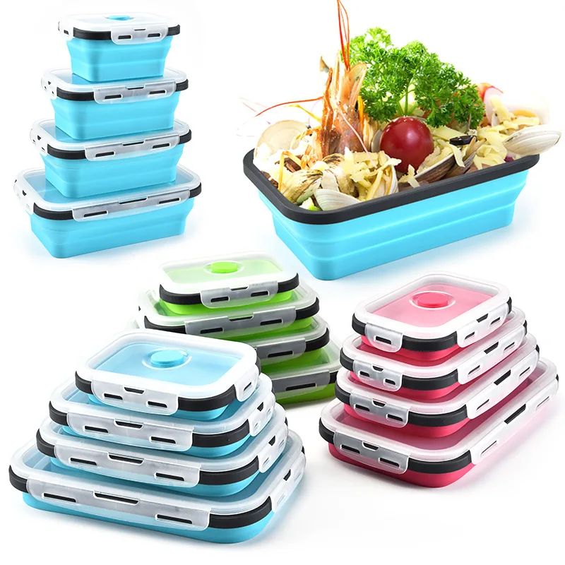 

4 Packs Collapsible Silicone Lunch Box Food Storage Containers Portable Lunch Bento Box for Camping Hiking