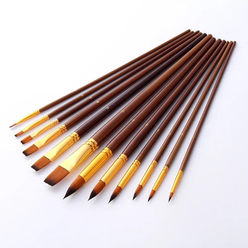 Goedkoop 12 stks set Nylon Haar Bruin Houten Handvat Penselen Kunstenaar Olie Aquarel Borstel Voor Professionele Art Supplies