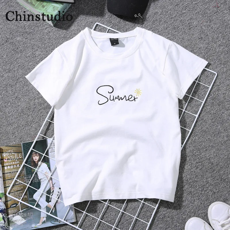 Chinstudio Round Neck White Letter Print T-shirt 2...