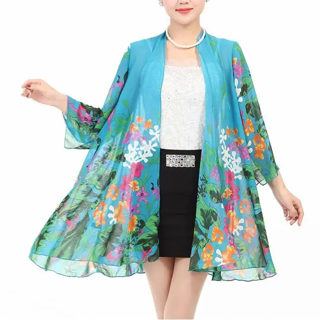 New middle age font b Women b font chiffon sunscreen clothing fashion print loose long sleeve