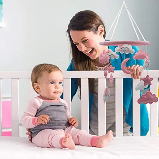 Детский мобильный для кроватки войлок, подвесные игрушки, детский Декор для девочек | белый и розовый украшения комнаты, облака, Луны и звезды | сейф