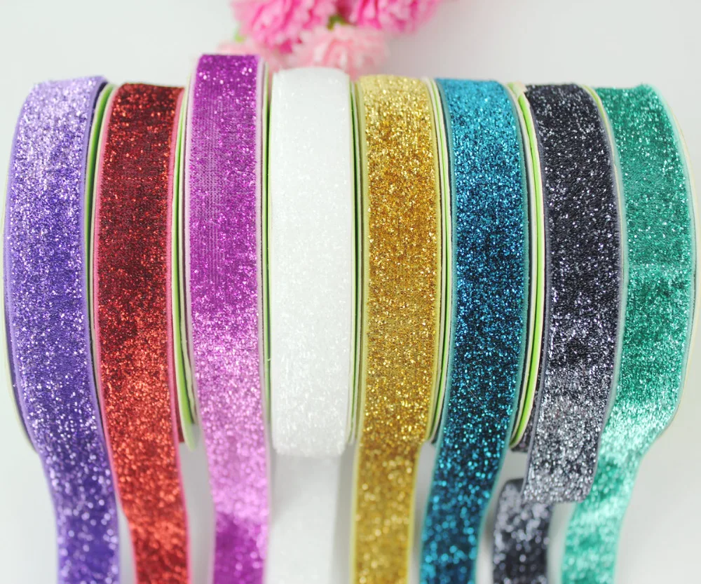 

5/8'' 16mm solid color elastic stretch glitter velvet ribbon metallic elastic webbing decoration ribbon 20 yards